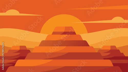 Vector art of orange pyramid in the desert at sunset, a symbol of ancient civilization and mystery, vector illustration