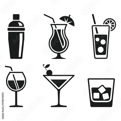 Cocktail Drink and Glass Icons Set - Shaker, Martini, Highball, Wine Glass Silhouettes