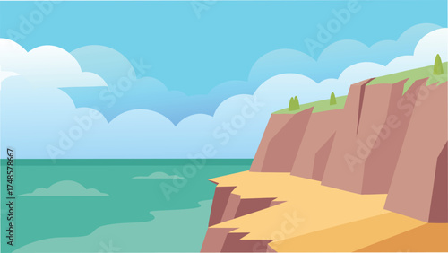 Vector art of scenic cliffside landscape with ocean view under a cloudy sky, capturing the beauty of natures coastal formations