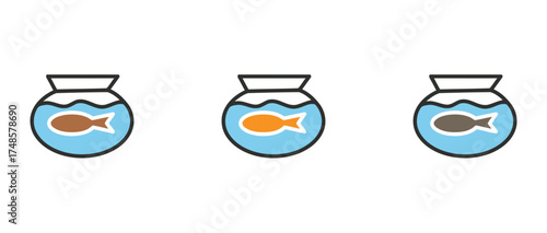 Set of three stylized fish bowl or aquarium icons in different colors, showing a small fish inside. Perfect for projects related to fish keeping, pet supplies, water life, or home decor.