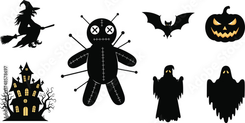 Halloween silhouettes cartoon, witch and ghost illustration, haunted house, jack-o'-lantern, voodoo doll, spooky bat, eerie theme, black icons