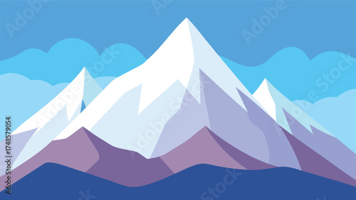 Illustration of a majestic mountain range with snowcapped peaks against a blue sky with fluffy clouds
