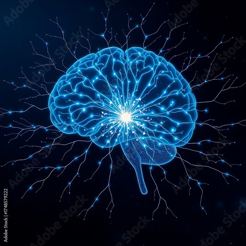 A glowing blue brain with neural connections radiating outwards on a dark background illustration art