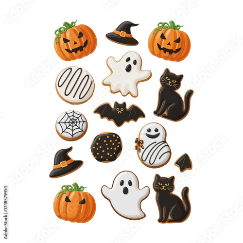 Halloween Themed 3D Vector Cookies with Pumpkin, Ghost, Bat, Cat Shapes
