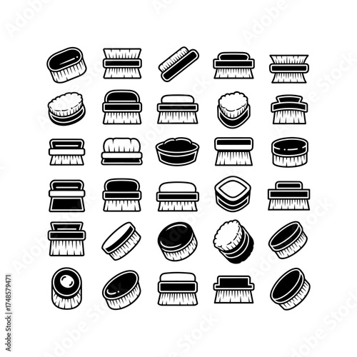 Collection of various black and white brush icons arranged in a grid pattern on white background silhouette
