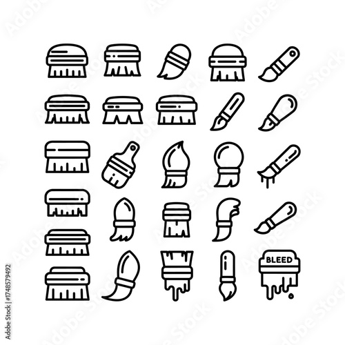 Assortment of black outline brushes and applicators arranged in a grid pattern on white silhouette