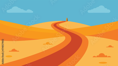 Vector art of a scenic illustration of a winding road through a desert landscape with hills and a clear blue sky above