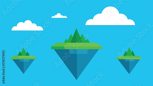 Vector art of floating islands with lush green vegetation against a blue sky and fluffy clouds creating a peaceful and serene vista