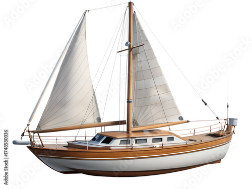 A classic wooden sailboat with white sails, isolated on transparent background