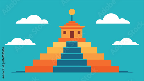 Vector art of pyramid temple with stairs and a small building on top in a flat design style against a blue sky background