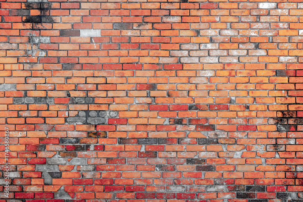 Naklejka premium Vintage brick wall with weathered red and orange bricks displaying unique patina