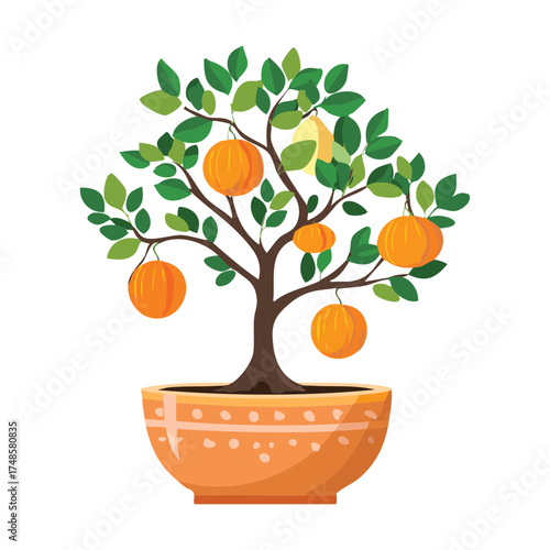 Decorative Small Orange Fruit Tree Plant in a Detailed Terracotta Patterned Pot Ideal for Home Decor and Natural Theme Design