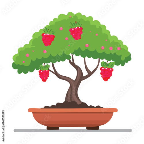 Small Strawberry Fruit Tree Plant Bonsai with Bright Red Berries and Vivid Green Leaves in a Miniature Garden Potted Arrangement