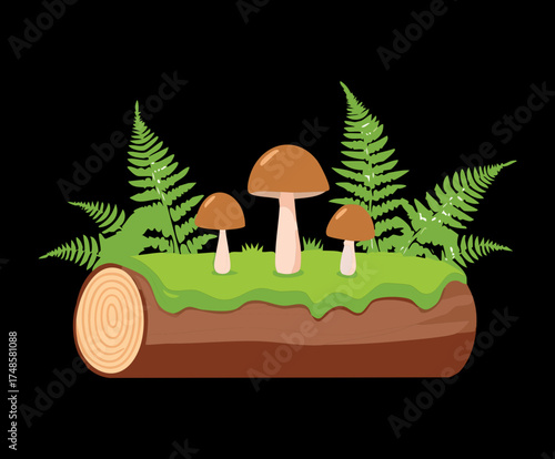 Enchanting Forest Plants: Mushrooms and Ferns on a Dark, Damp Woodland Log