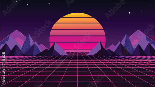 Vector art of retro futuristic landscape with sun and mountains in 80s style, synthwave background with grid and stars
