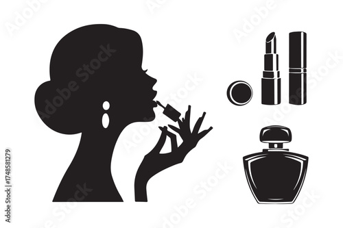 Elegant silhouette of a woman applying lipstick with makeup items