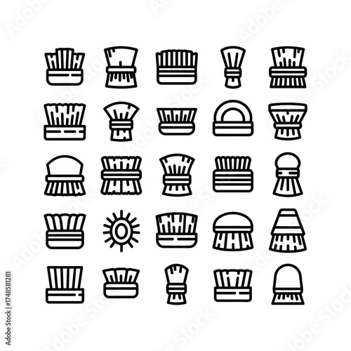 A pattern of various shaving brushes and one sun icon arranged in a grid formation design silhouette