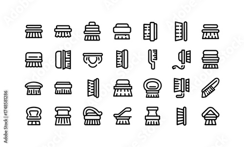 Collection of various brush icons arranged in rows and columns on a white background silhouette