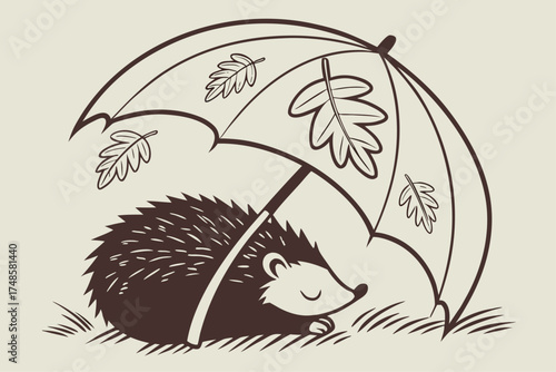 Cute hedgehog sleeping peacefully under a large leaf