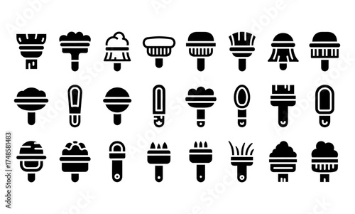 Collection of twenty four black and white brush icons in a grid pattern illustration silhouette
