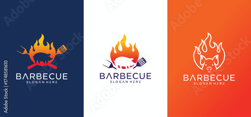 Barbecue logo design with combination of pork and grill fire along with shoes.