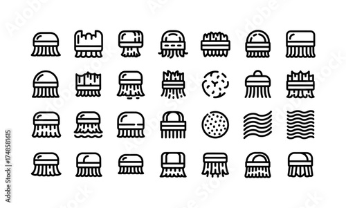 A collection of various brush icons displayed in a grid pattern on a white background silhouette
