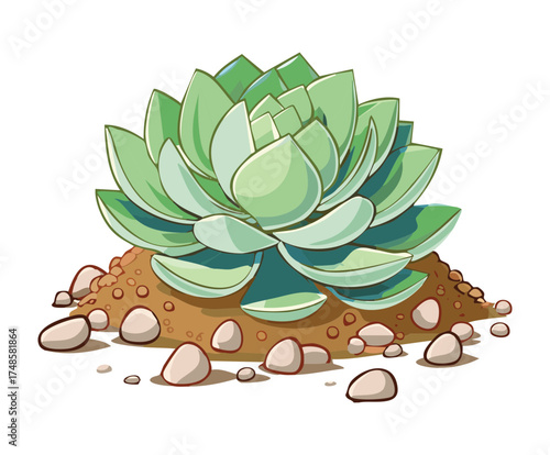 Beautifully rendered green echeveria succulent plant with a rosette shape resting on a small mound of brown soil