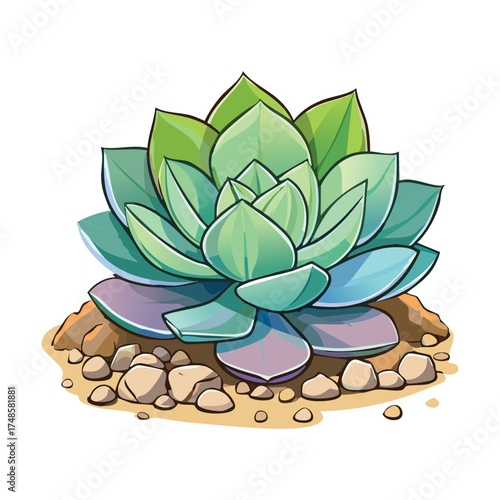 Realistic illustration of a lovely green echeveria succulent with blue tips resting on a bed of dry dirt and stones
