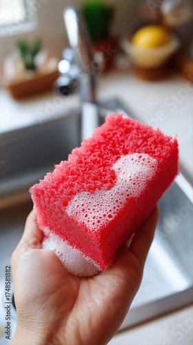 Red sponge with soap suds held by hand over kitchen sink