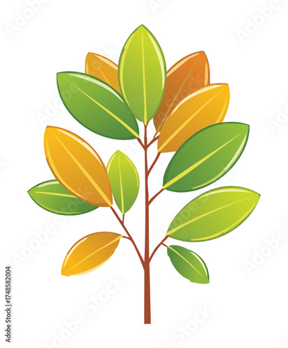 Branch of Decorative Plants with Green and Autumn Yellow-Orange Leaves