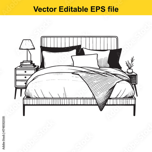 Vector art of handdrawn sketch of a bedroom interior, featuring a bed with pillows and a blanket, a nightstand with a lamp, and a plant, isolated on a