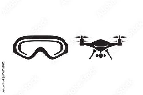 Drone and goggles icon set for aerial exploration and technology