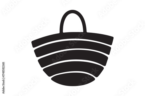 Simple black and white illustration of a woven straw tote bag