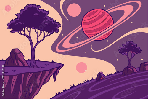Surreal galaxy landscape with floating islands and celestial elements