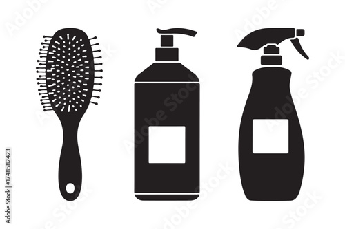 Black silhouette of hairbrush shampoo bottle and spray bottle