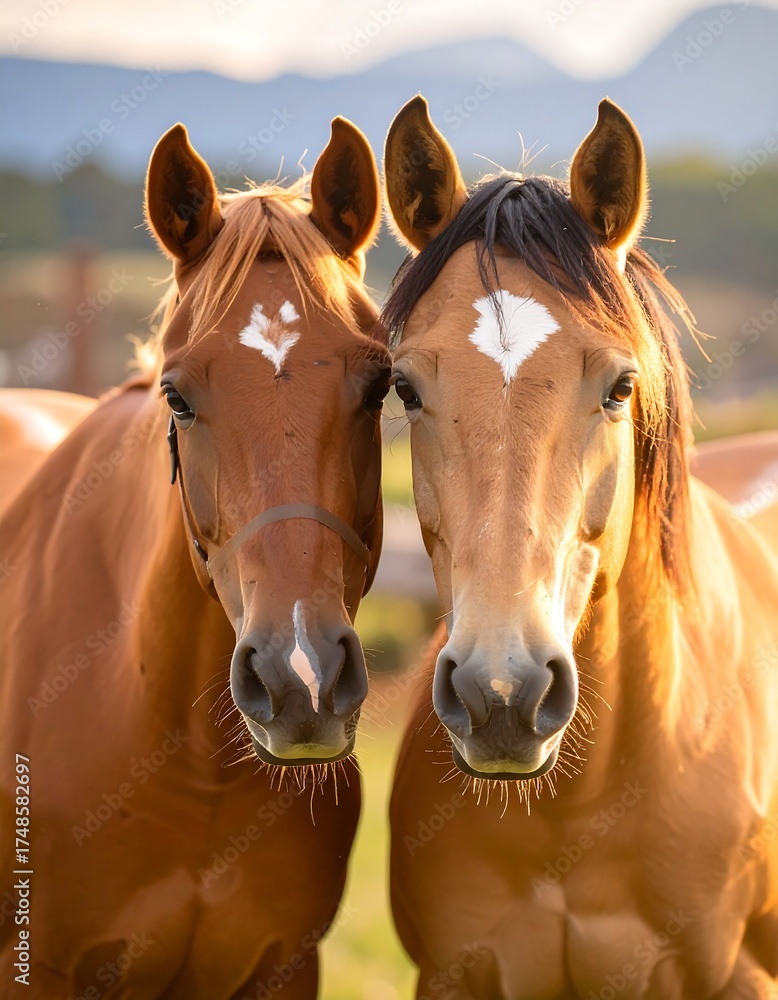 Obraz premium Two light brown horses facing forward in a field at sunrise or sunset