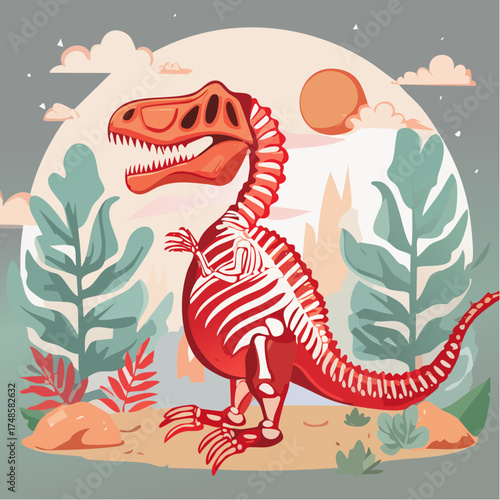 Hand Drawn Red Dinosaur Skeleton Doodle 