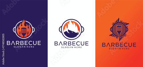 Barbecue logo design with combination of pork and grill fire along with shoes.