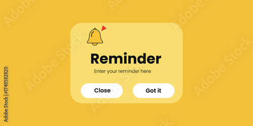 Digital Reminder Notification on Yellow Background with Bell Icon and Buttons Productivity Task Management Scheduling