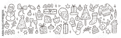Festive Christmas collection of handdrawn outline elements including Santa, Snowman, Gingerbread, Ornaments, Gifts, and holiday decorations. Flat retro stickers for greeting cards, planners, scrapbook