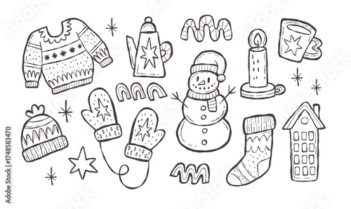 Christmas Winter collection featuring Sweater, Hat, mittens, Snowman, candle, cup, stocking, house. Decorative holiday outline elements for greeting cards, planners, scrapbooking, invitations, journal