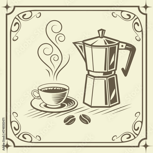 Espresso coffee cup with saucer, beans, and steam silhouette icon set illustration