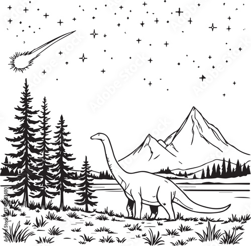 Prehistoric dinosaur vector with conifer trees, mountains, and meteor under starry sky for nature, science, and history design