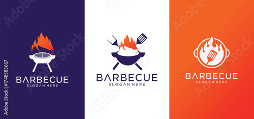 Barbecue logo design with combination of pork and grill fire along with shoes.