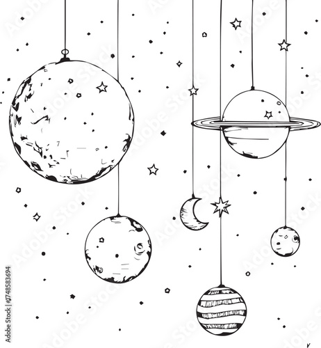 Whimsical space vector with hanging planets, moon, and stars for dreamy celestial-themed design and decorative artwork