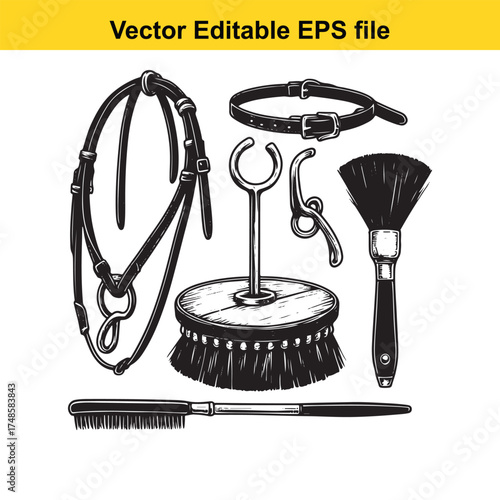 Vector art of equestrian grooming tools and horse tack, including brushes, a bridle, and a saddle pad