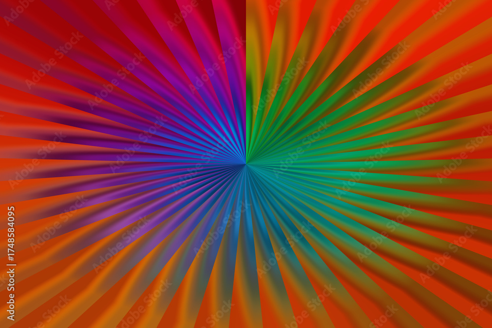 Obraz premium Abstract radial burst of rainbow colors on a red background