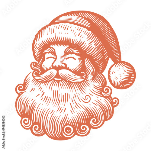 Vintage Linocut Santa Claus face. Christmas illustration with face beard and moustache silhouette. Outline thin line vector icon for holiday, happy xmas, new year
