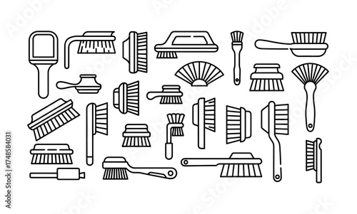 Illustration of various cleaning brushes and dusters in a line art style on white background silhouette