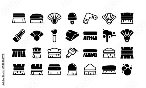 An assortment of various cleaning brushes and tools displayed in a grid pattern format silhouette